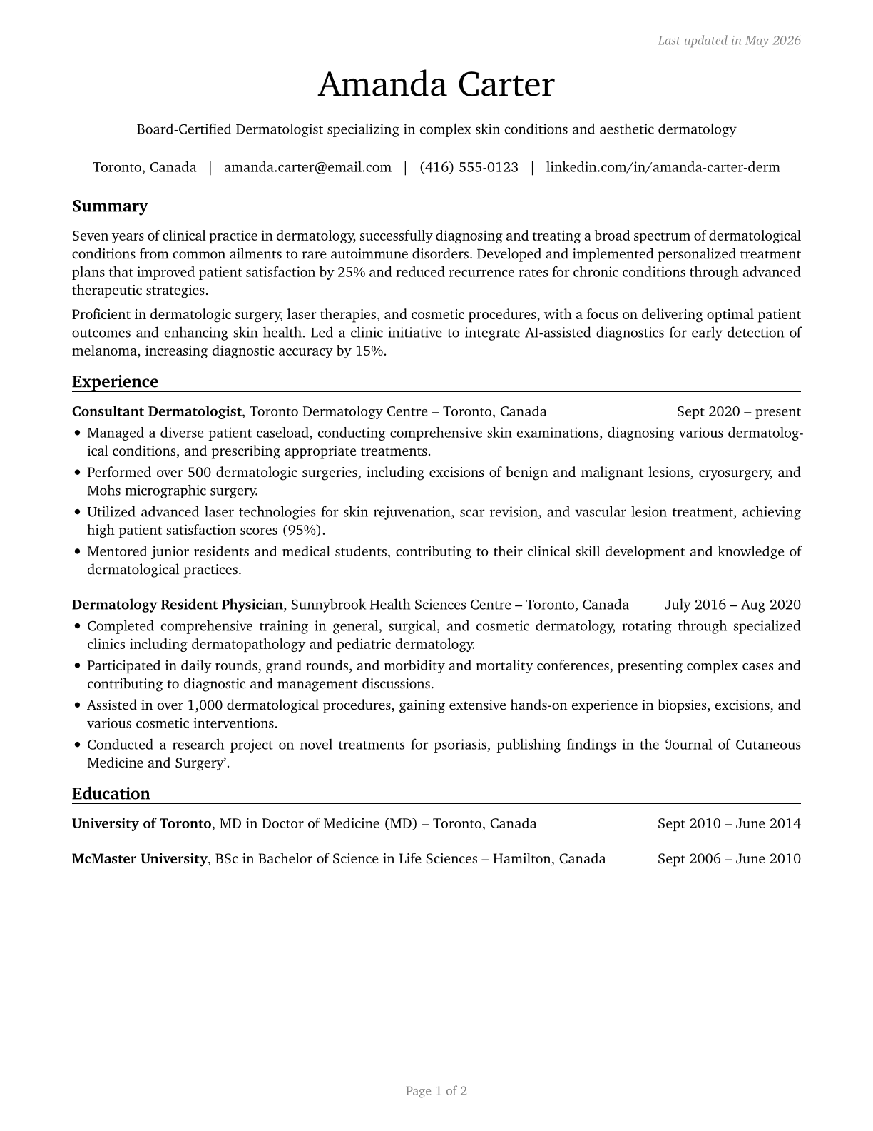 Dermatologists CV in English — page 1