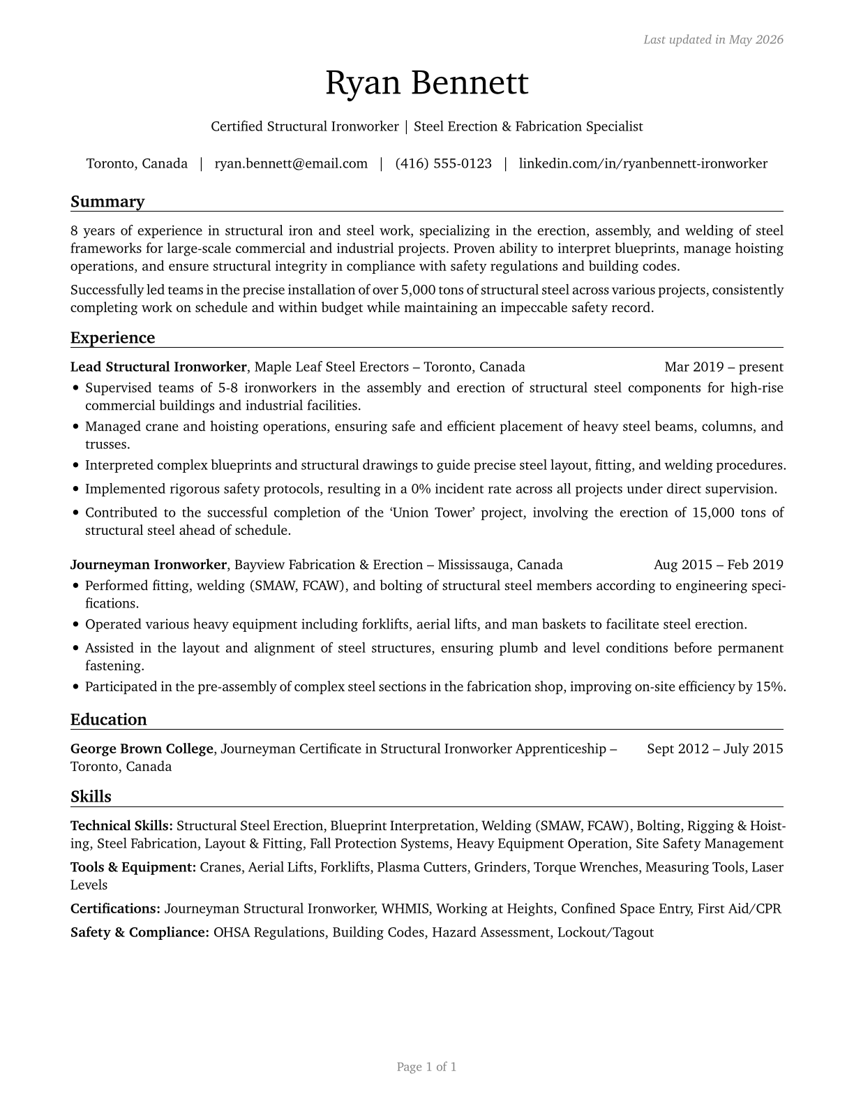 Structural Iron and Steel Workers CV in English — page 1