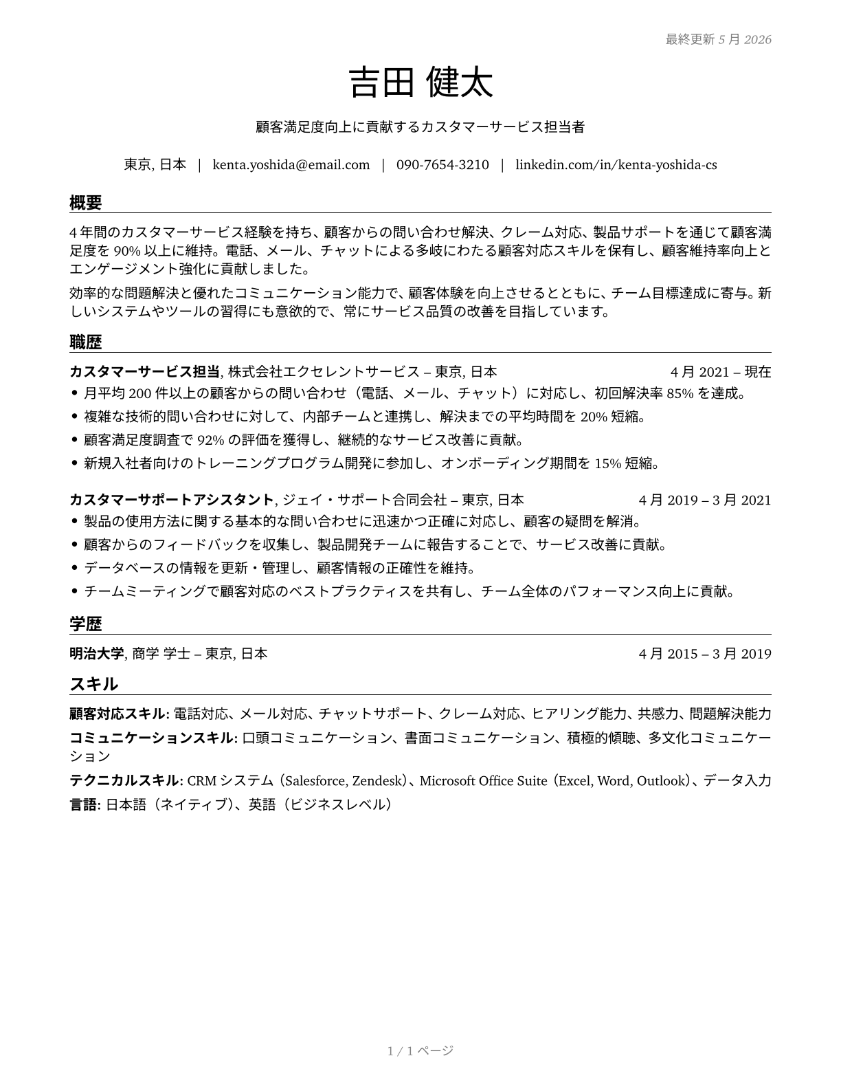 Customer Service Representatives CV in Japanese — page 1