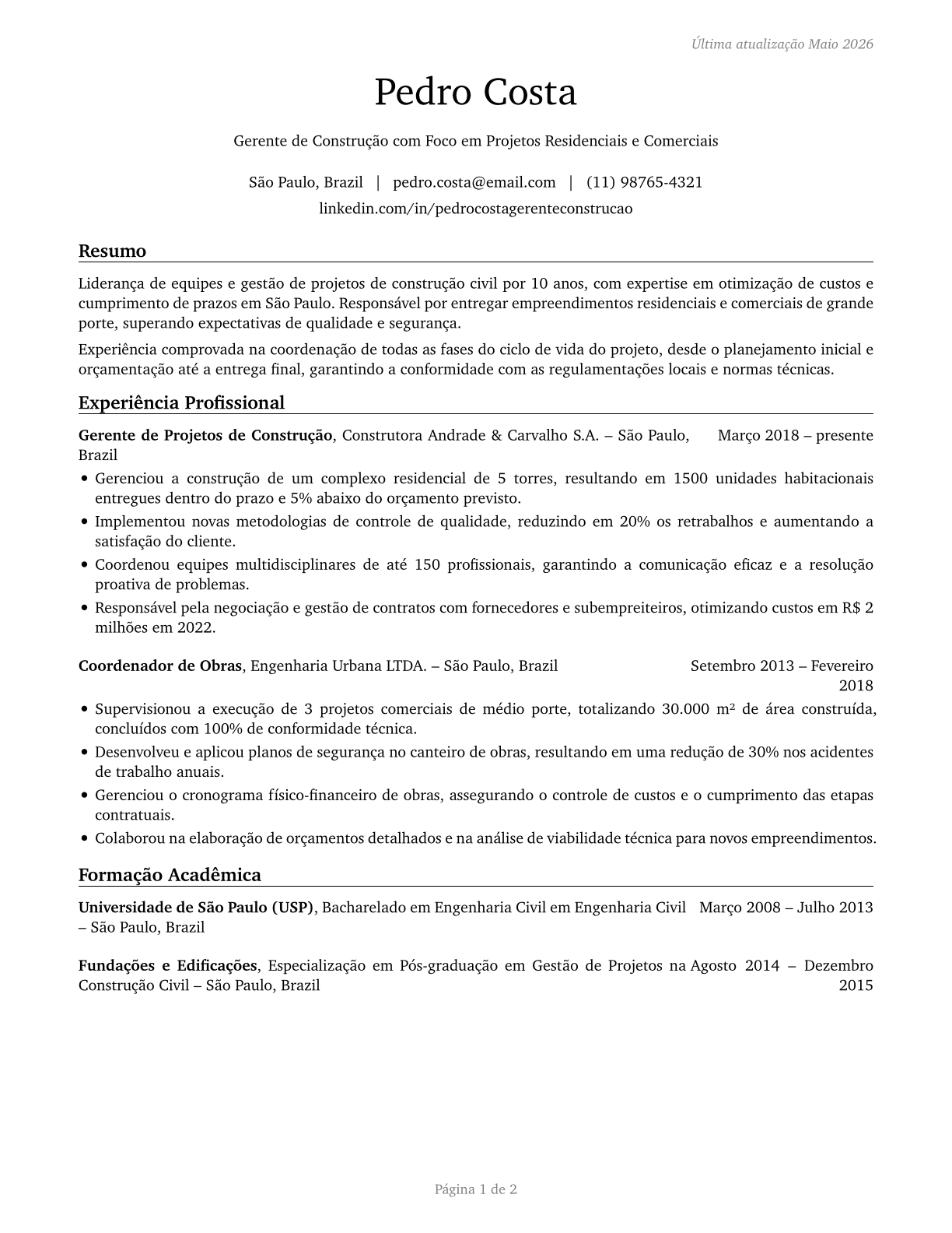 Construction Managers CV in Portuguese — page 1