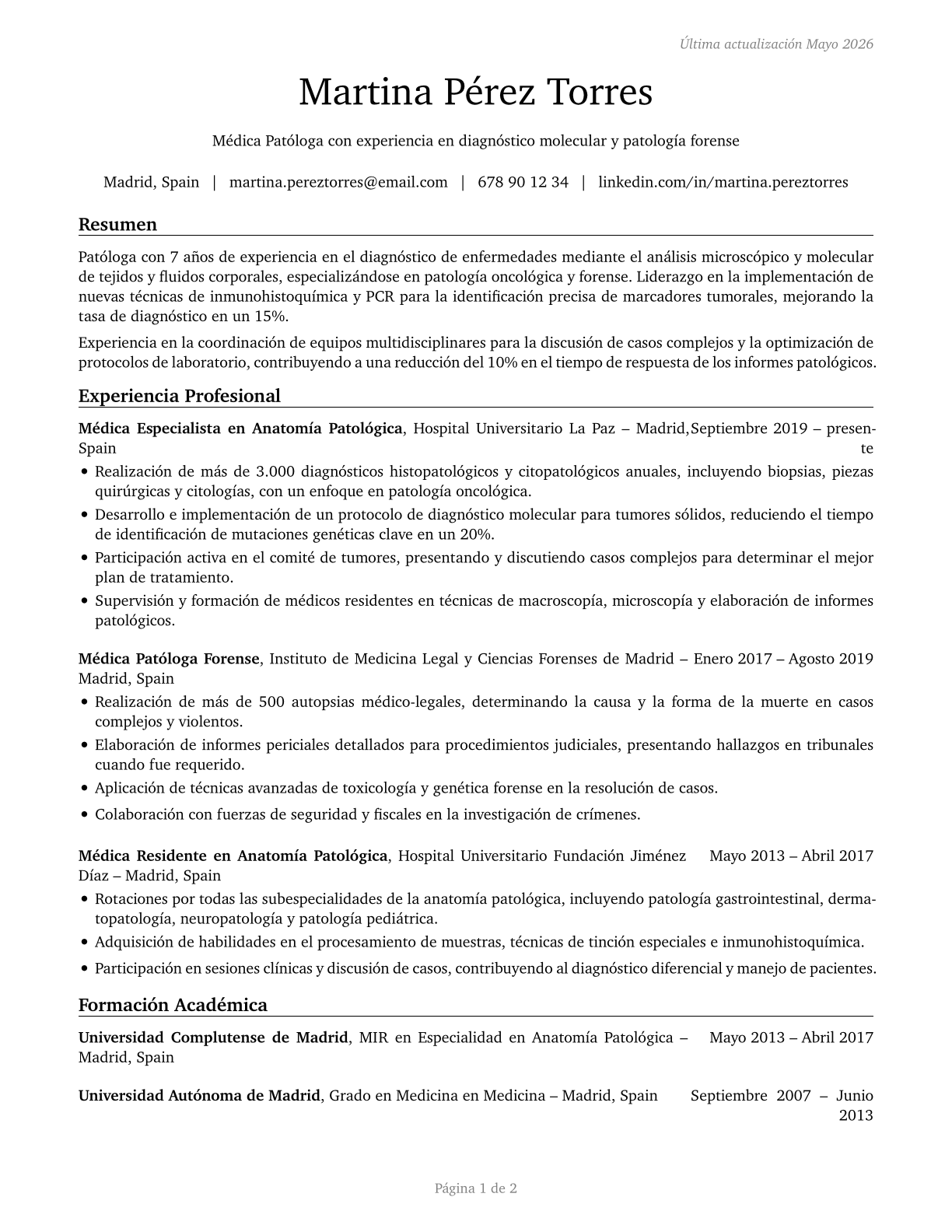 Physicians, Pathologists CV in Spanish — page 1