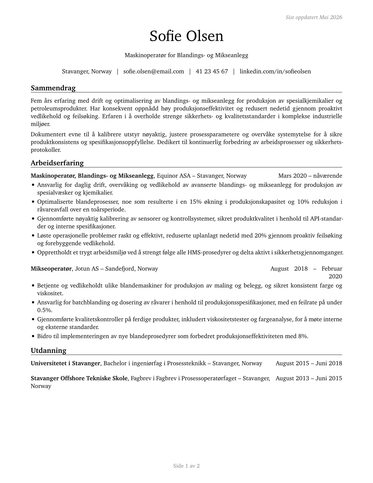 Mixing and Blending Machine Setters, Operators, and Tenders CV in Norwegian_bokmal — page 1