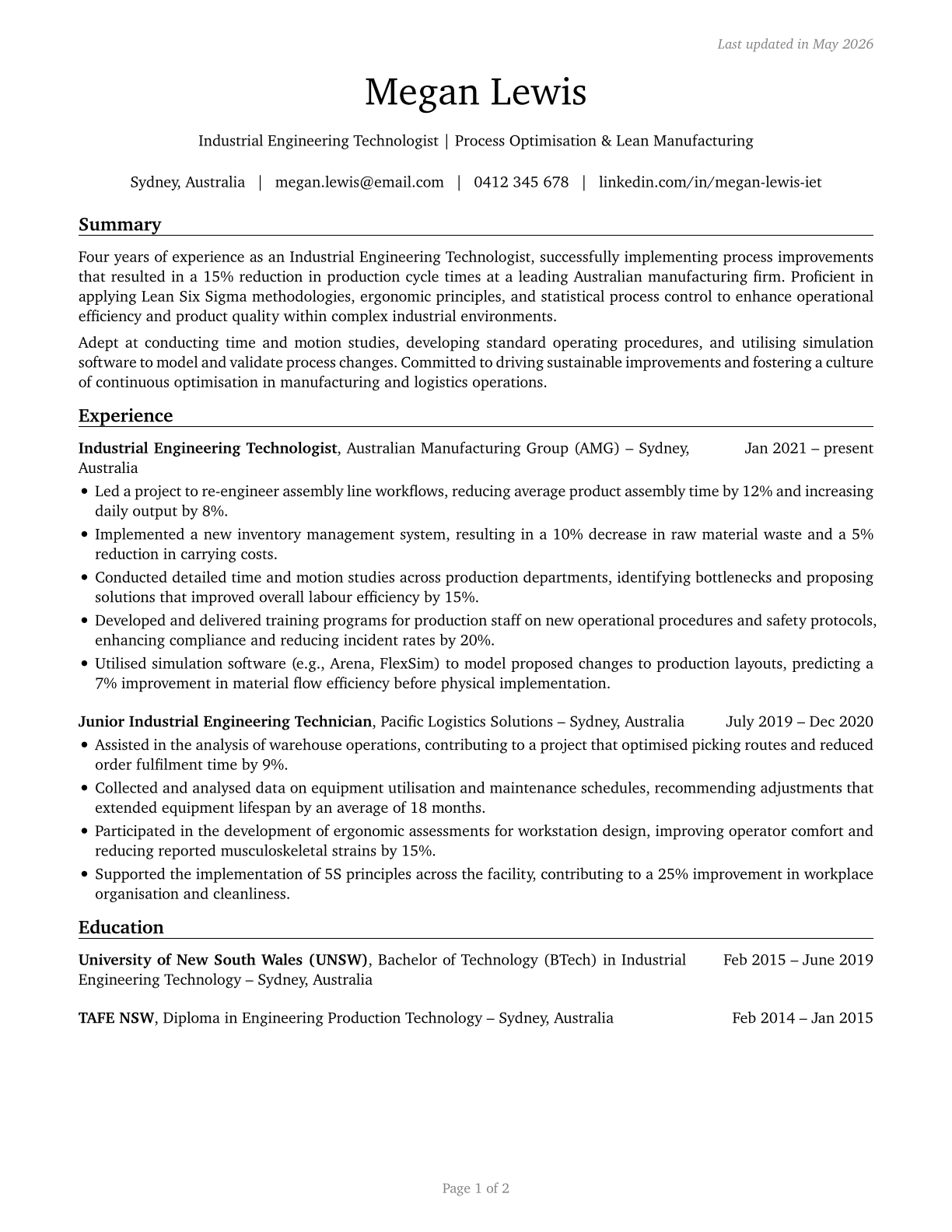 Industrial Engineering Technologists and Technicians CV in English — page 1