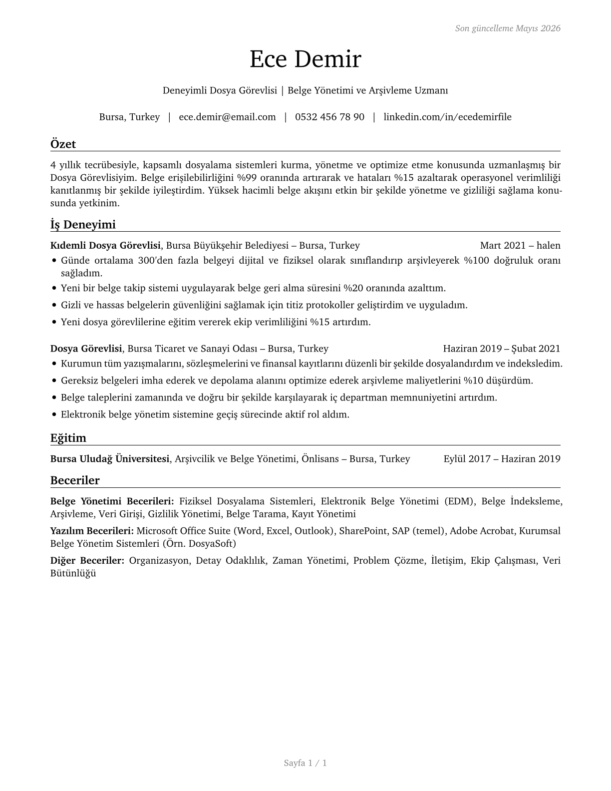 File Clerks CV in Turkish — page 1