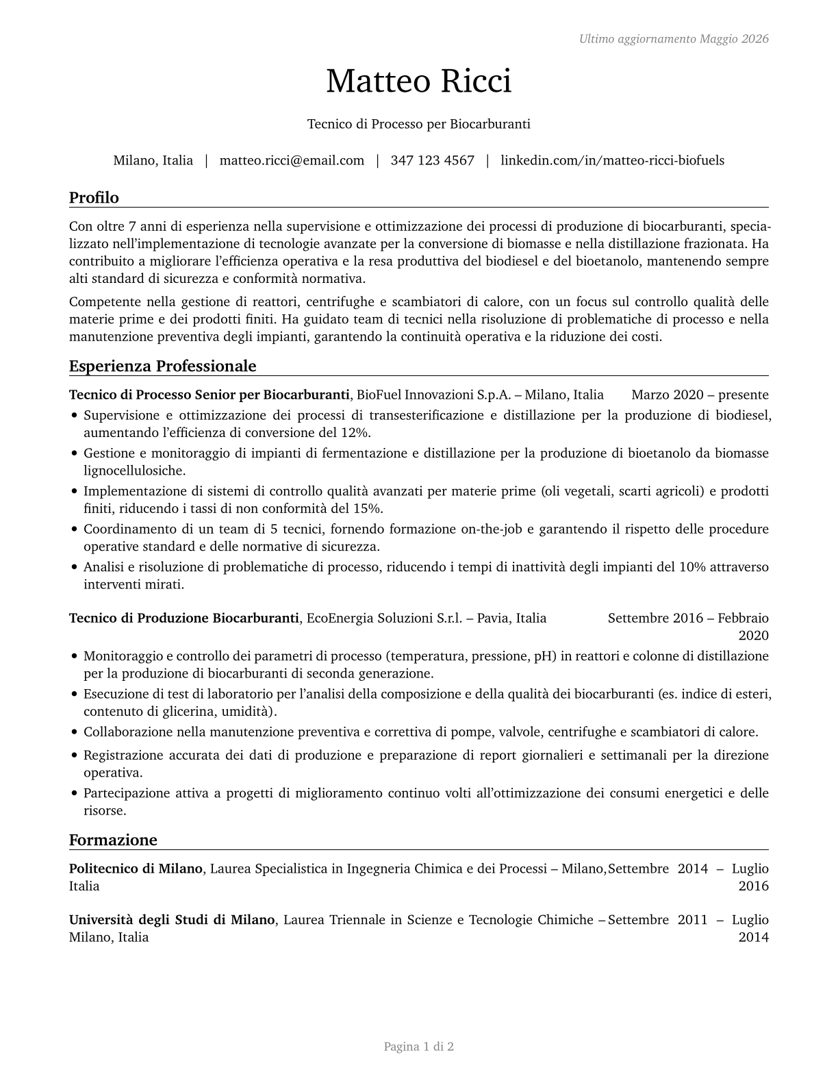 Biofuels Processing Technicians CV in Italian — page 1