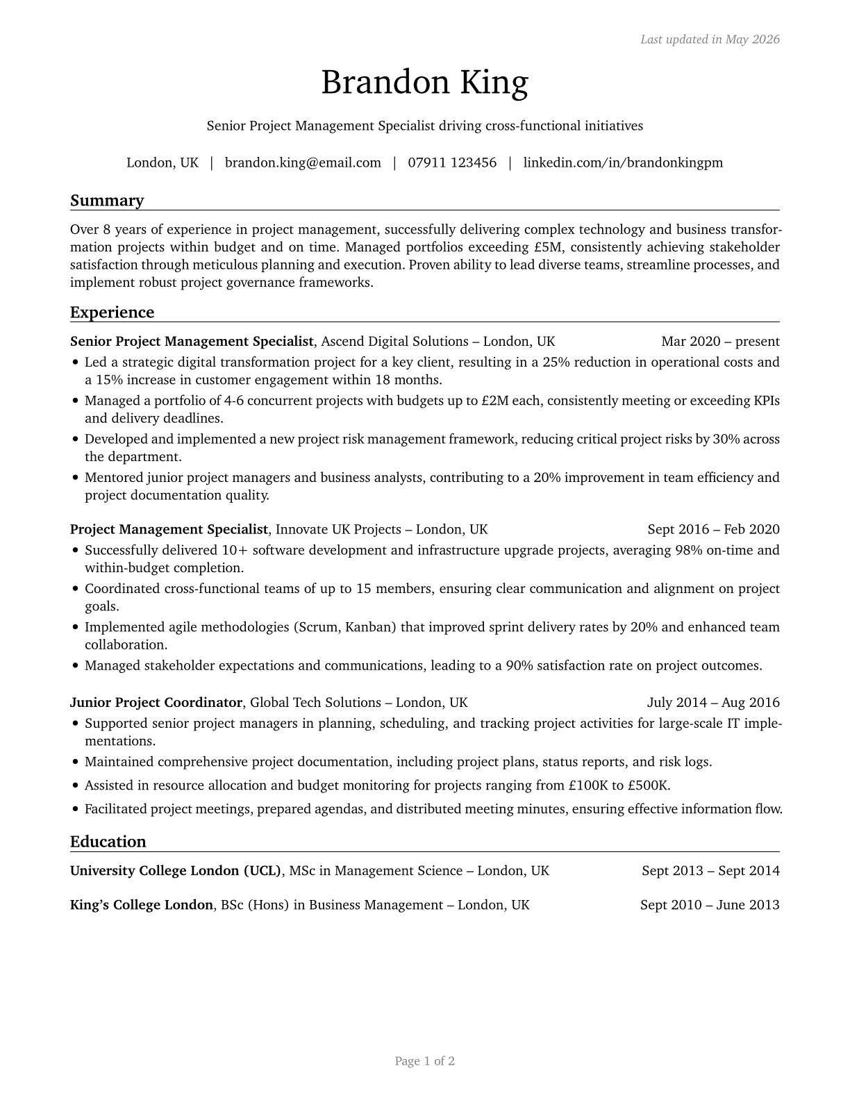 Project Management Specialists CV in English — page 1