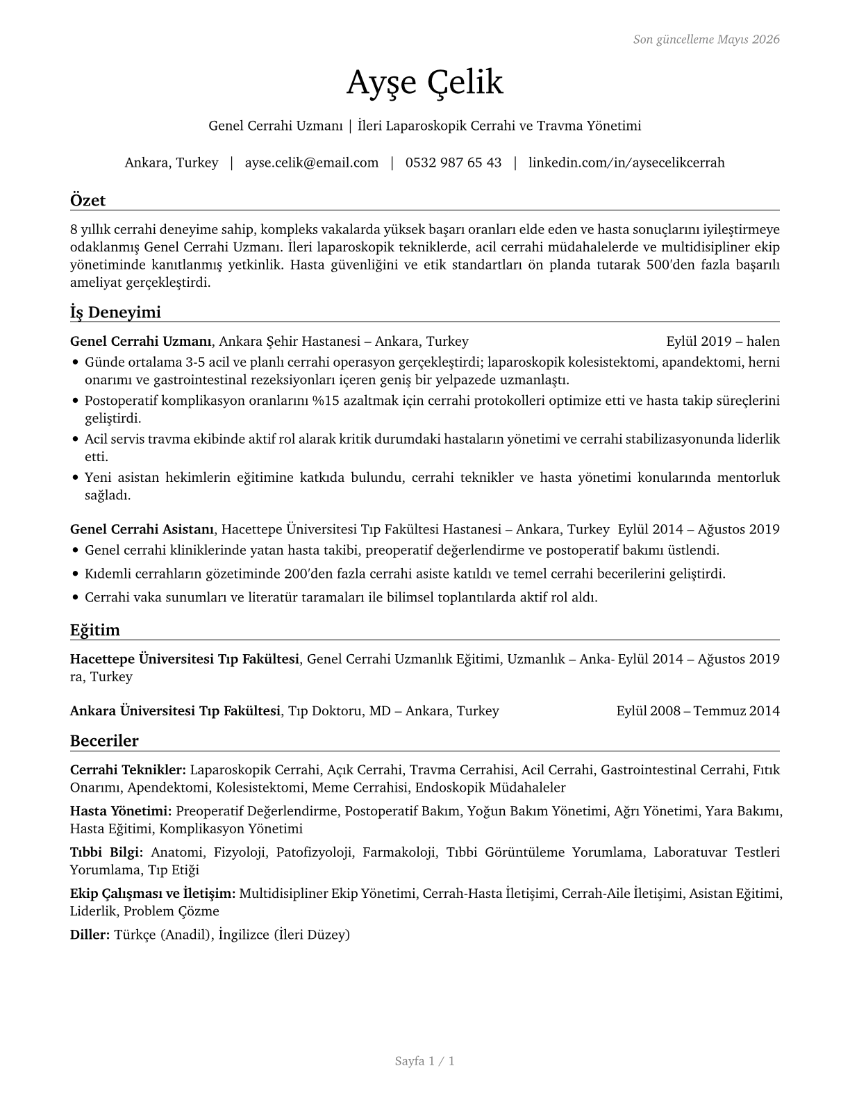 Surgeons, All Other CV in Turkish — page 1