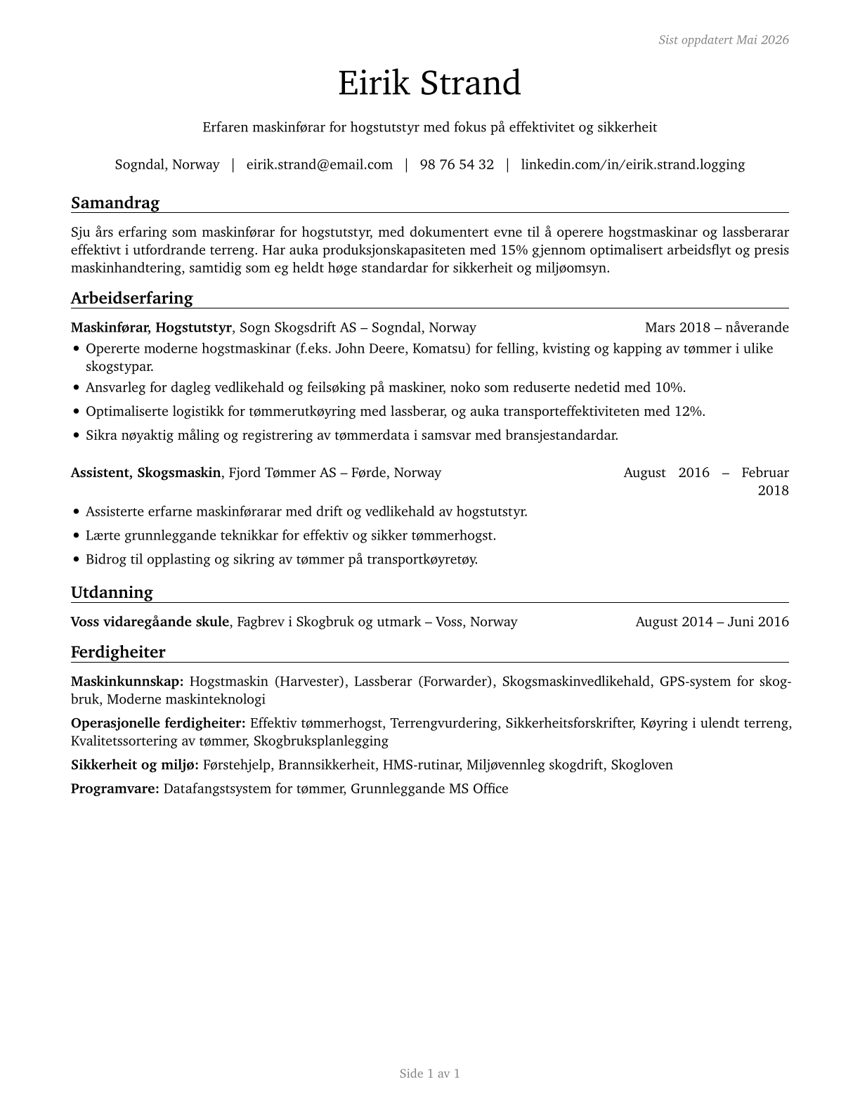 Logging Equipment Operators CV in Norwegian_nynorsk — page 1