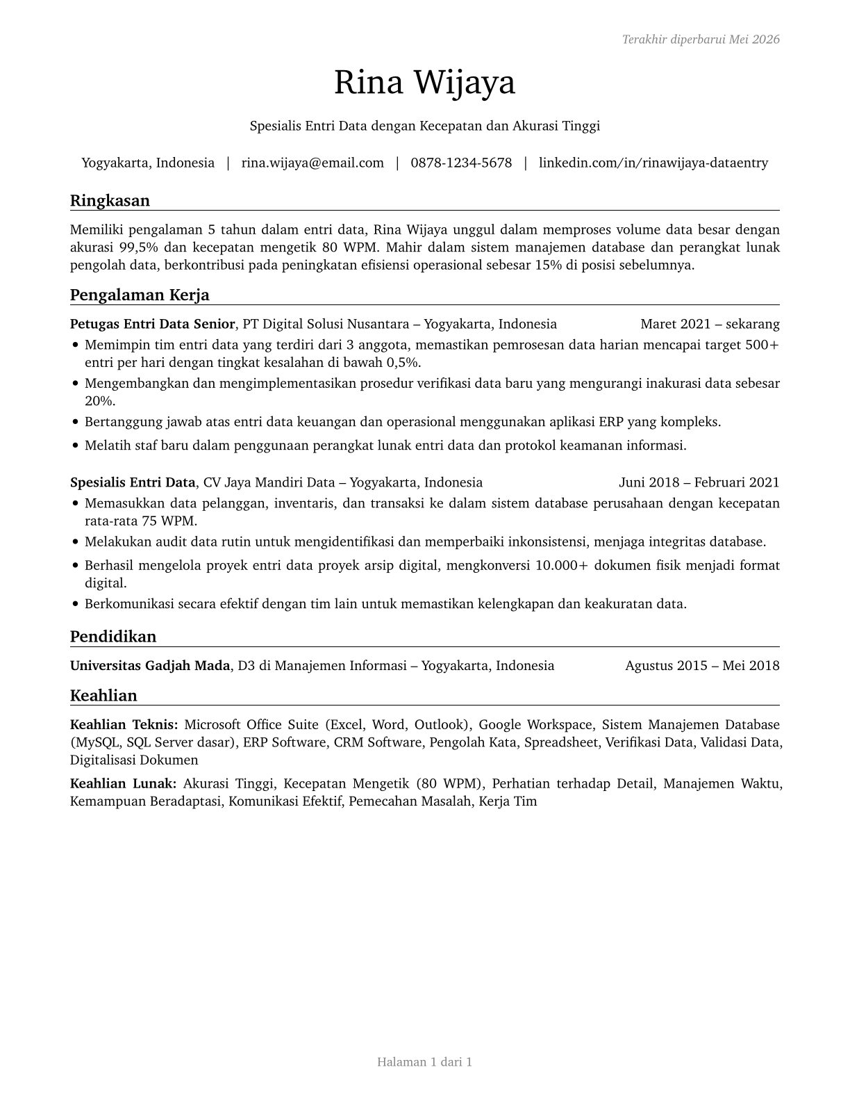 Data Entry Keyers CV in Indonesian — page 1