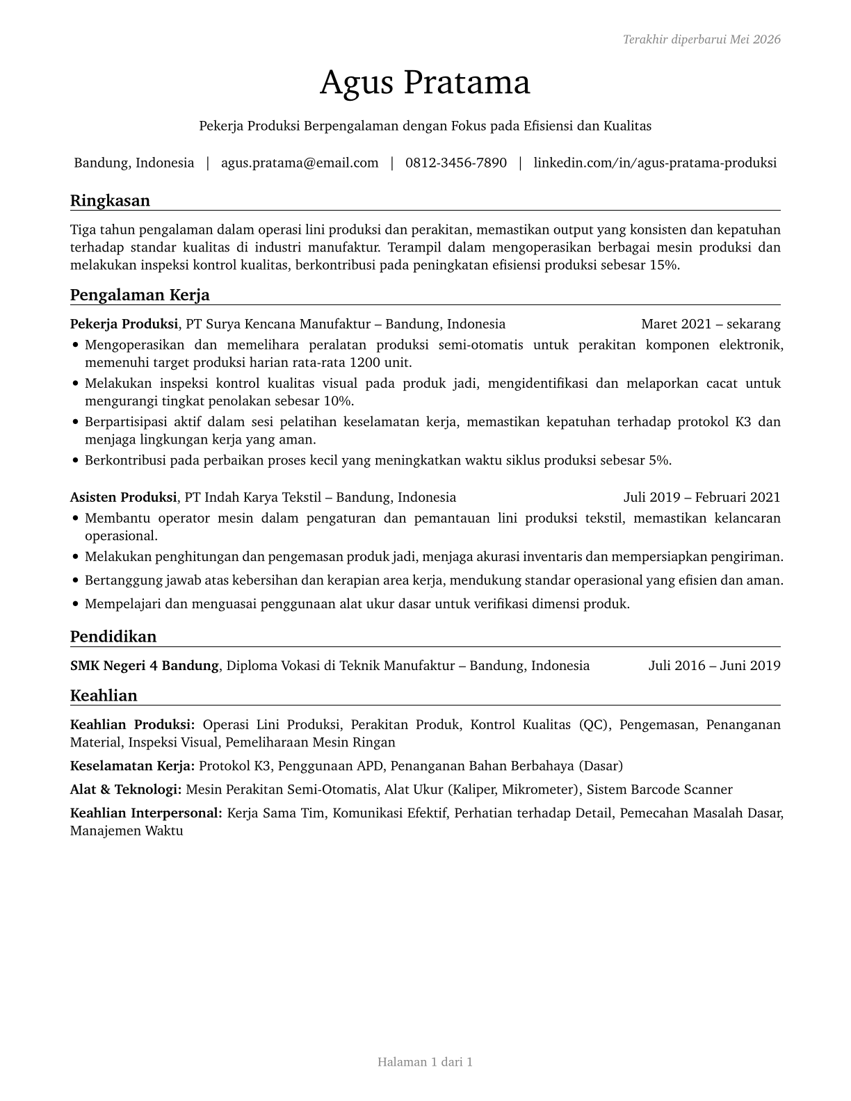 Production Workers, All Other CV in Indonesian — page 1
