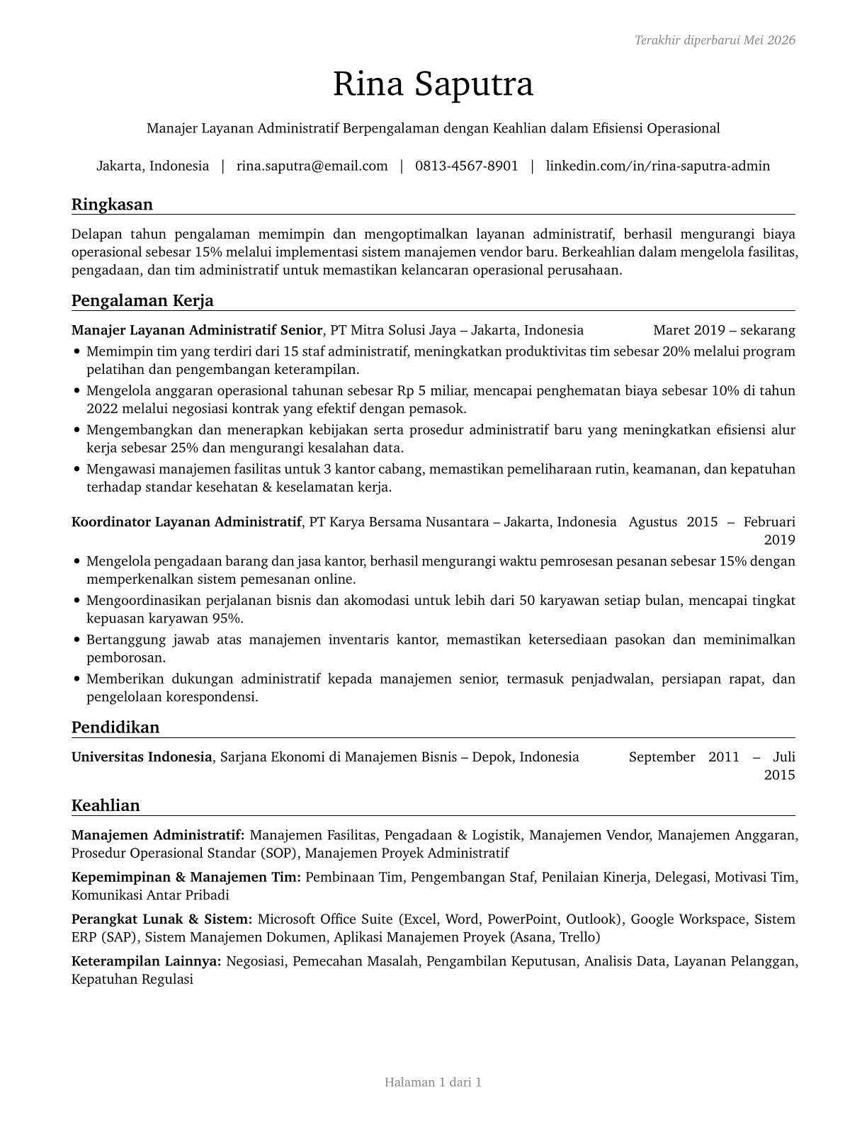 Administrative Services Managers CV in Indonesian — page 1