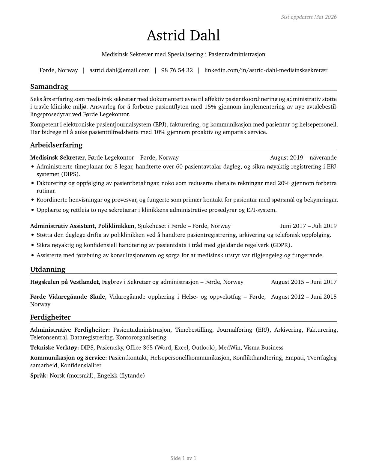 Medical Secretaries and Administrative Assistants CV in Norwegian_nynorsk — page 1