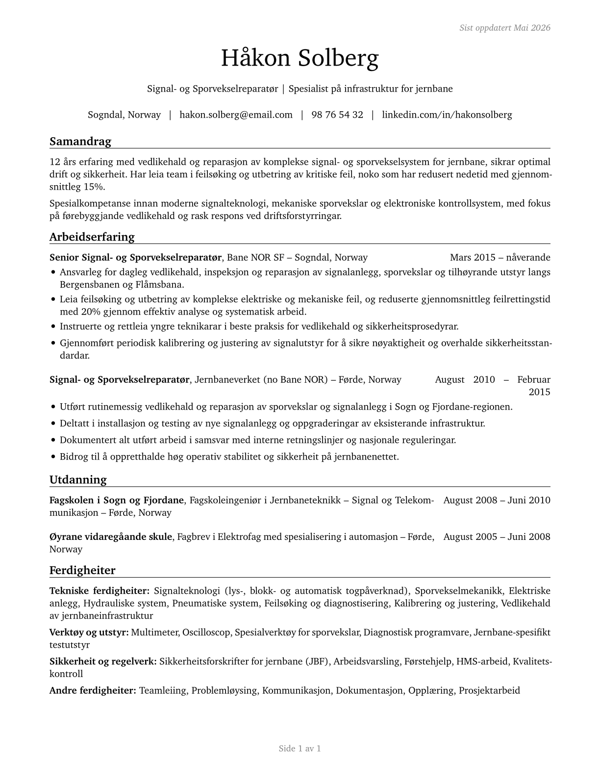 Signal and Track Switch Repairers CV in Norwegian_nynorsk — page 1