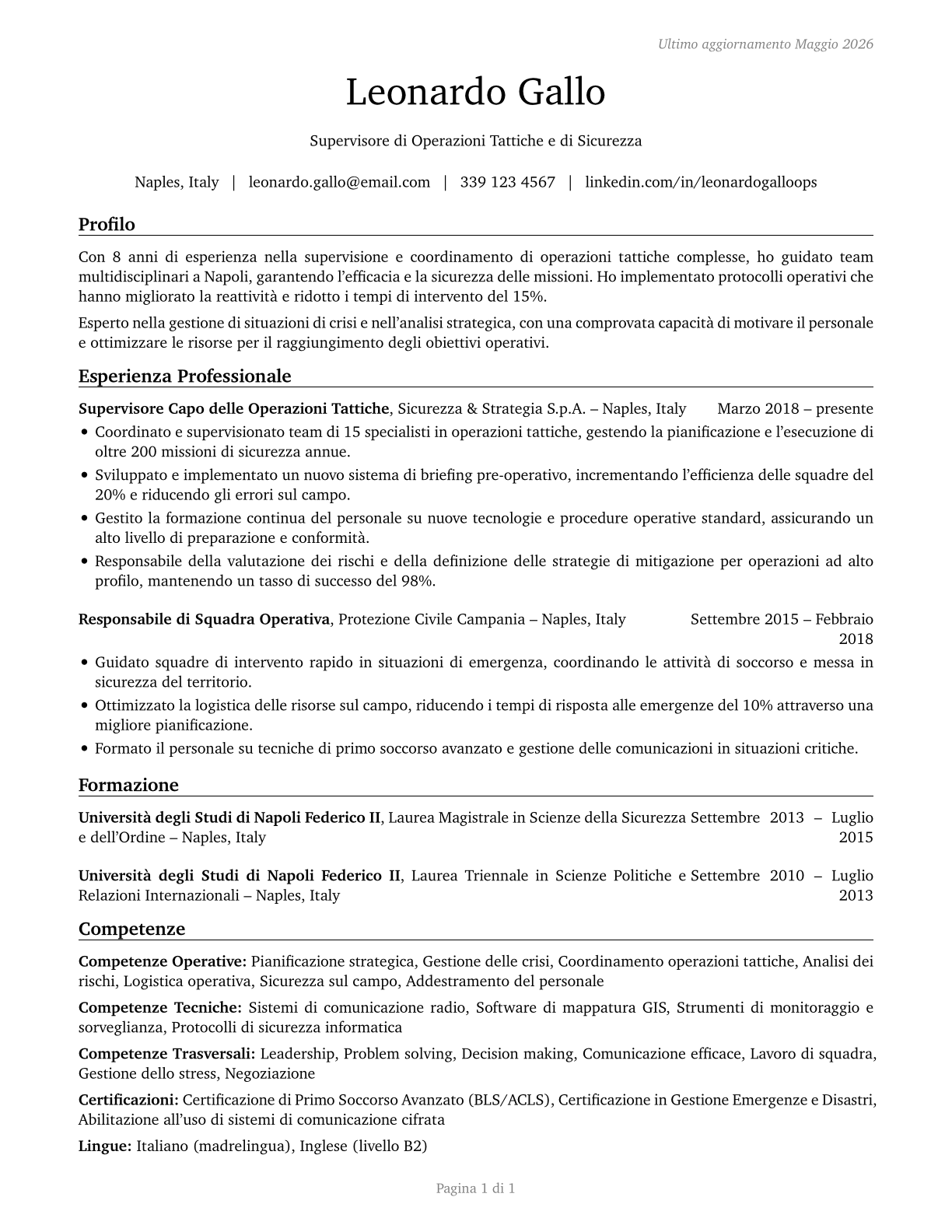 First-Line Supervisors of All Other Tactical Operations Specialists CV in Italian — page 1