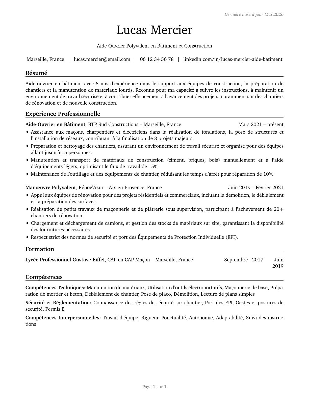 Helpers, Construction Trades, All Other CV in French — page 1