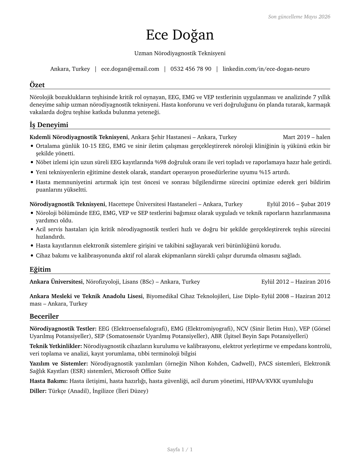 Neurodiagnostic Technologists CV in Turkish — page 1