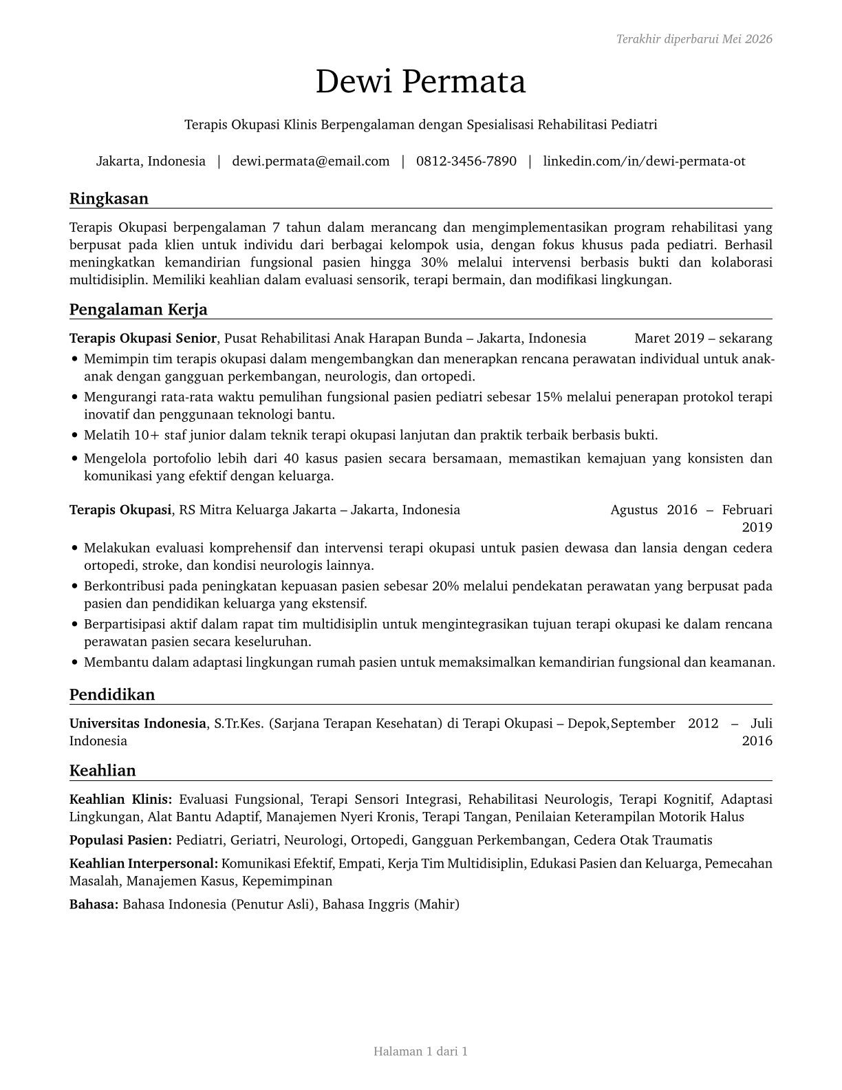 Occupational Therapists CV in Indonesian — page 1