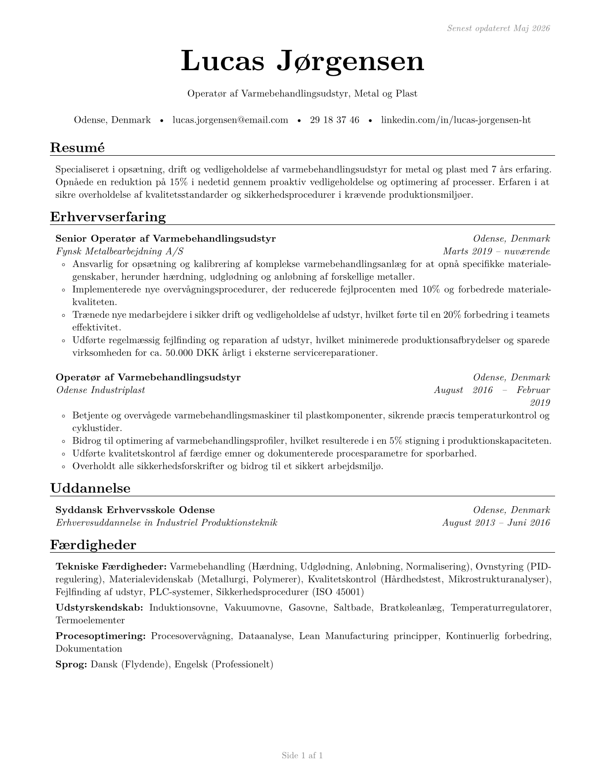 Heat Treating Equipment Setters, Operators, and Tenders, Metal and Plastic CV in Danish — page 1