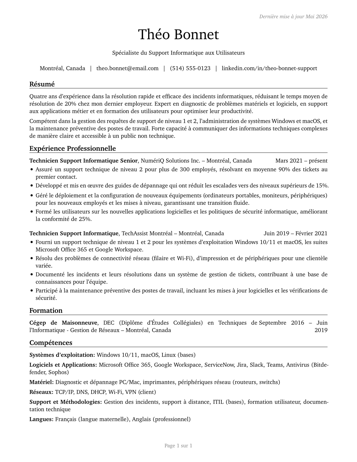 Computer User Support Specialists CV in French — page 1