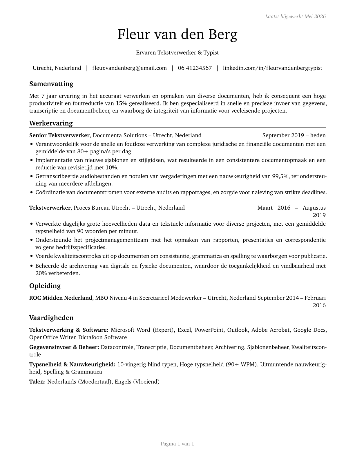 Word Processors and Typists CV in Dutch — page 1