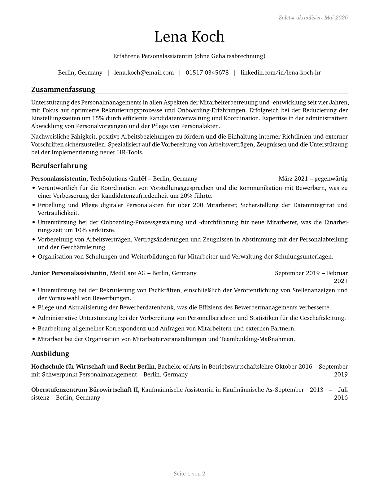 Human Resources Assistants, Except Payroll and Timekeeping CV in German — page 1