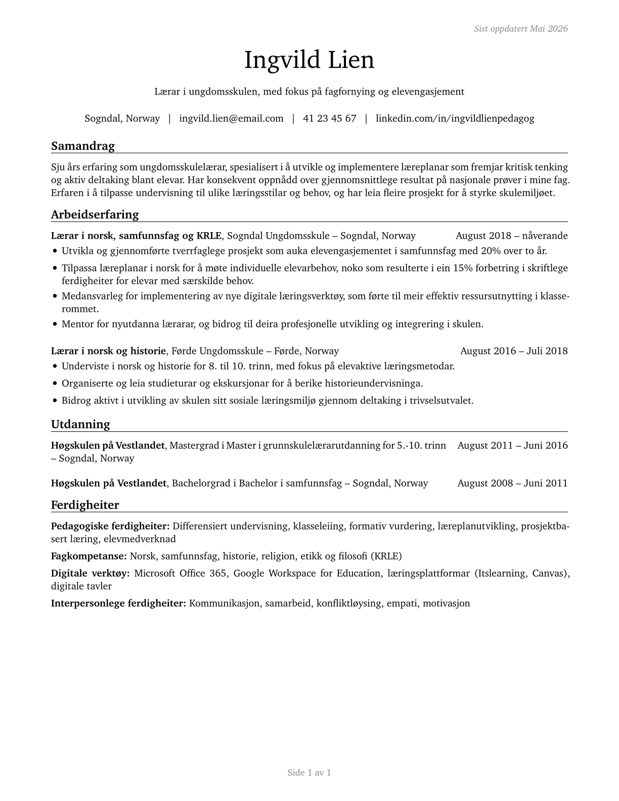 Middle School Teachers, Except Special and Career/Technical Education CV in Norwegian_nynorsk — page 1