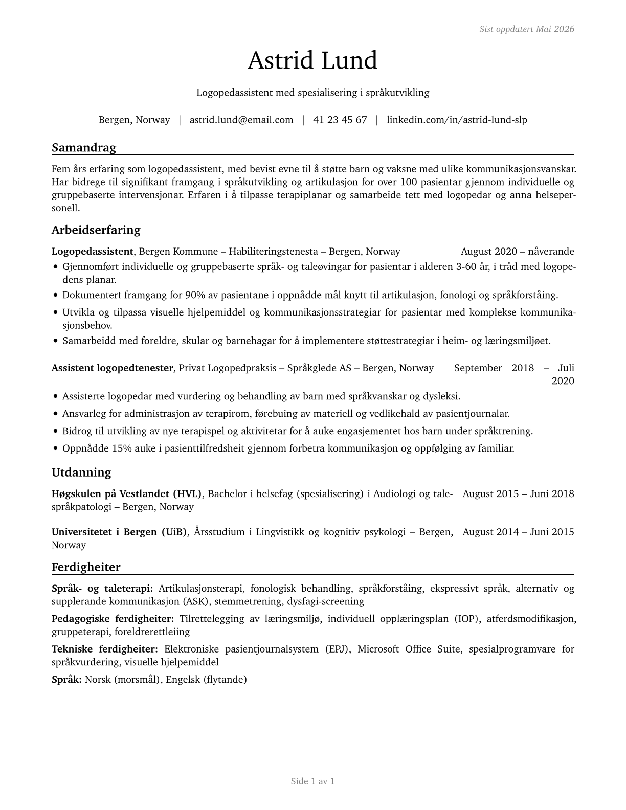 Speech-Language Pathology Assistants CV in Norwegian_nynorsk — page 1