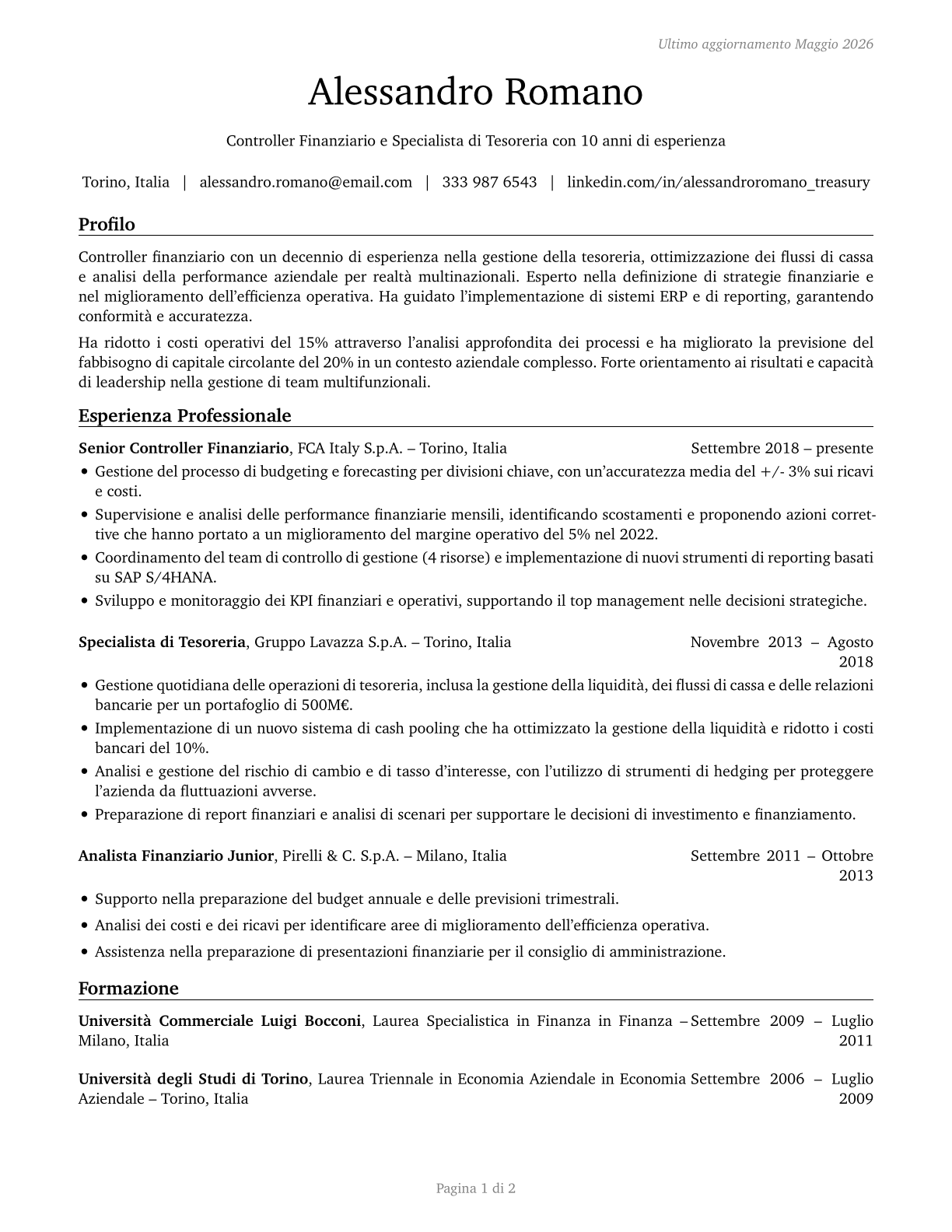 Treasurers and Controllers CV in Italian — page 1