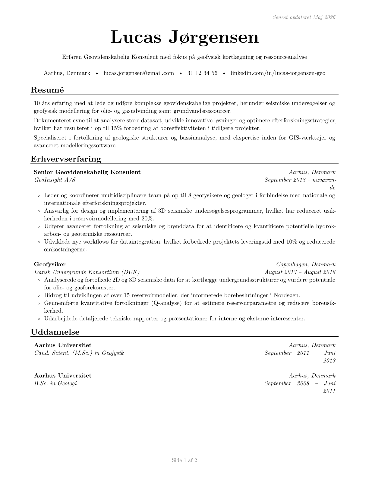 Geoscientists, Except Hydrologists and Geographers CV in Danish — page 1