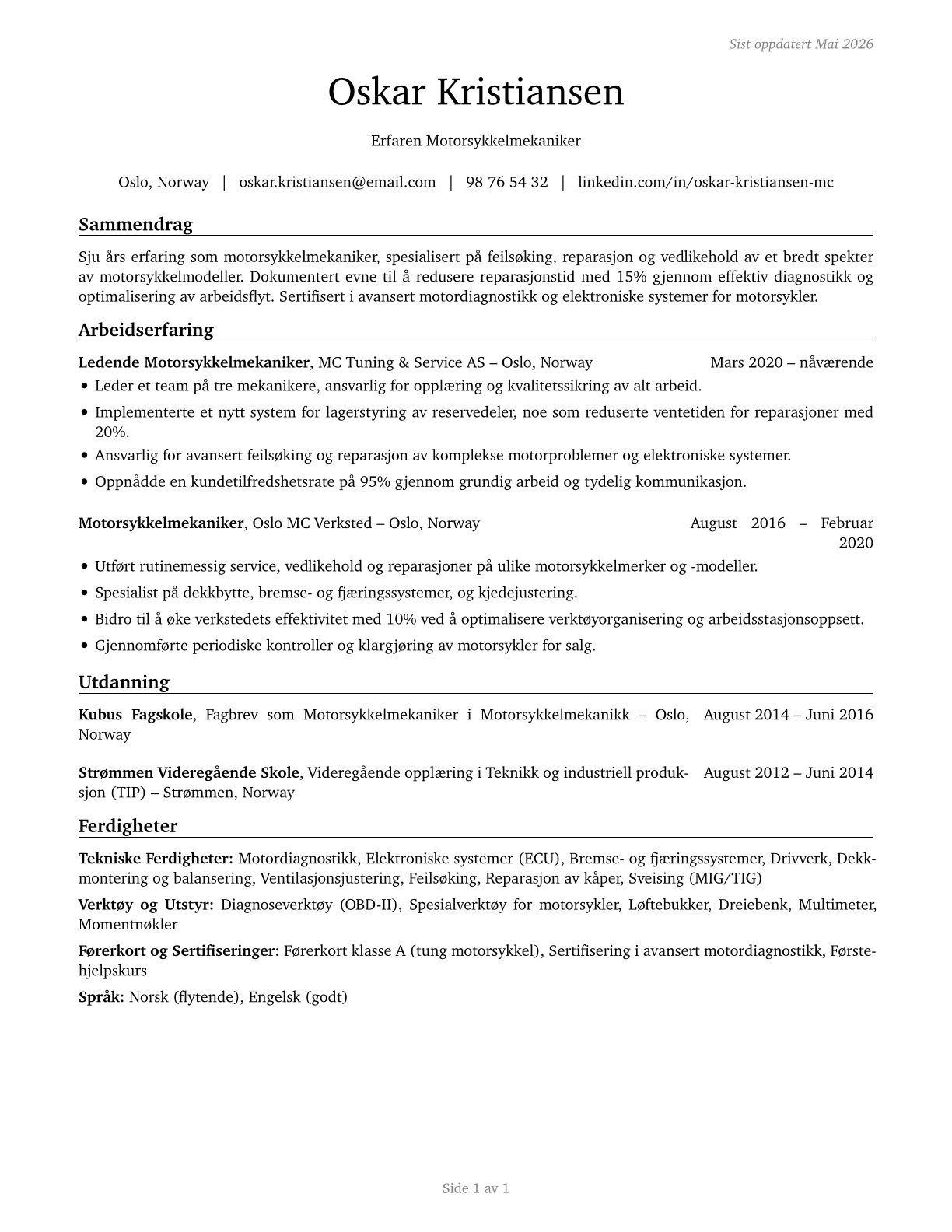 Motorcycle Mechanics CV in Norwegian_bokmal — page 1