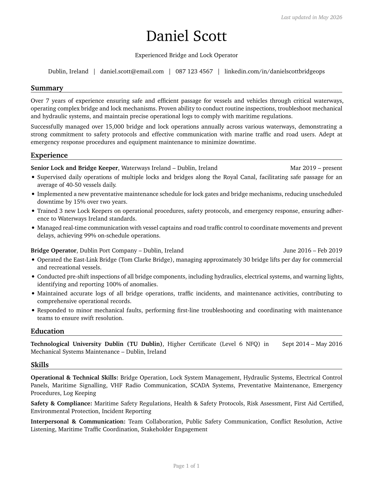 Bridge and Lock Tenders CV in English — page 1