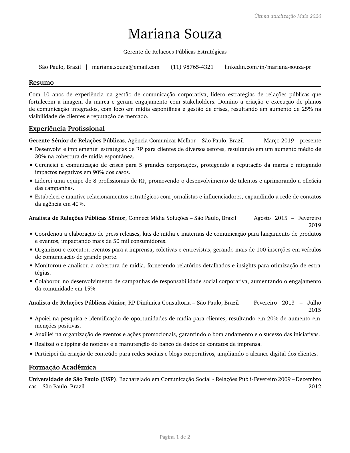 Public Relations Managers CV in Portuguese — page 1