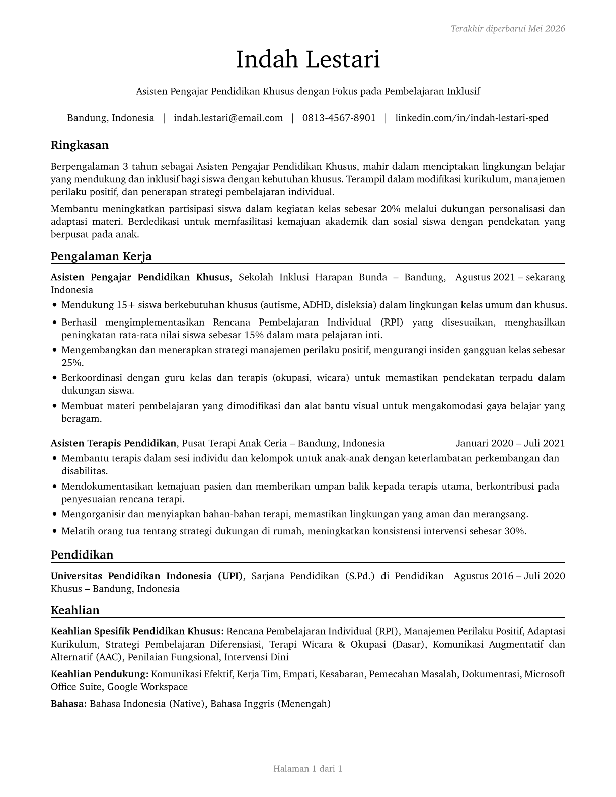 Teaching Assistants, Special Education CV in Indonesian — page 1
