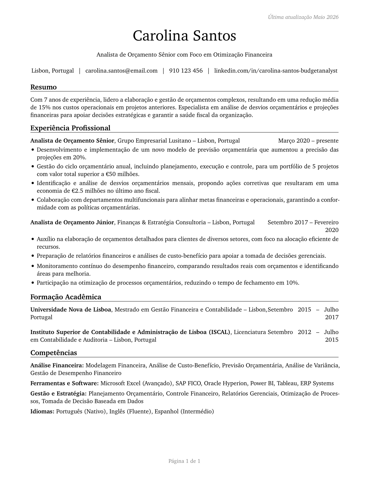 Budget Analysts CV in Portuguese — page 1