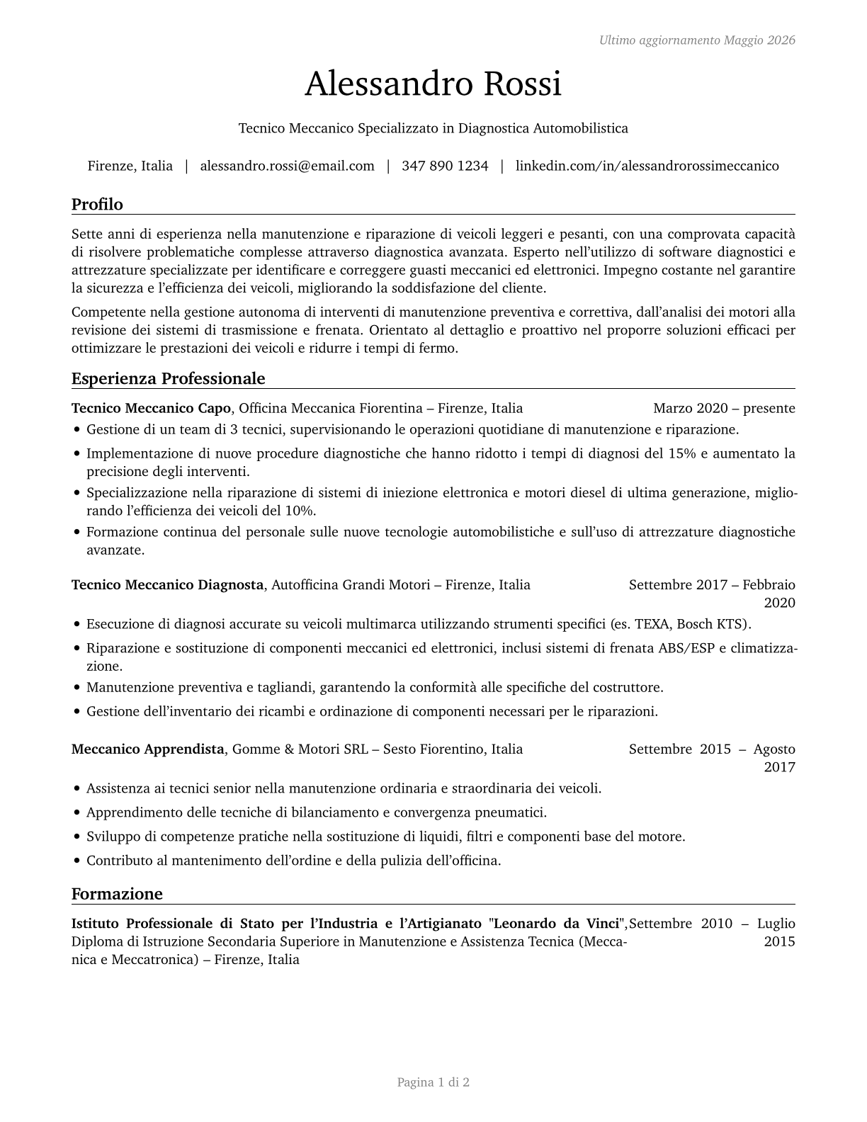 Automotive Service Technicians and Mechanics CV in Italian — page 1