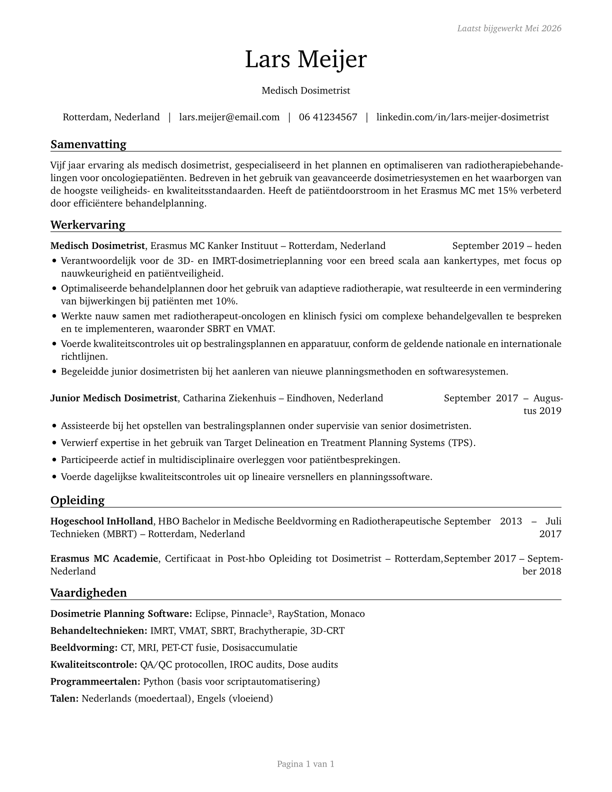 Medical Dosimetrists CV in Dutch — page 1