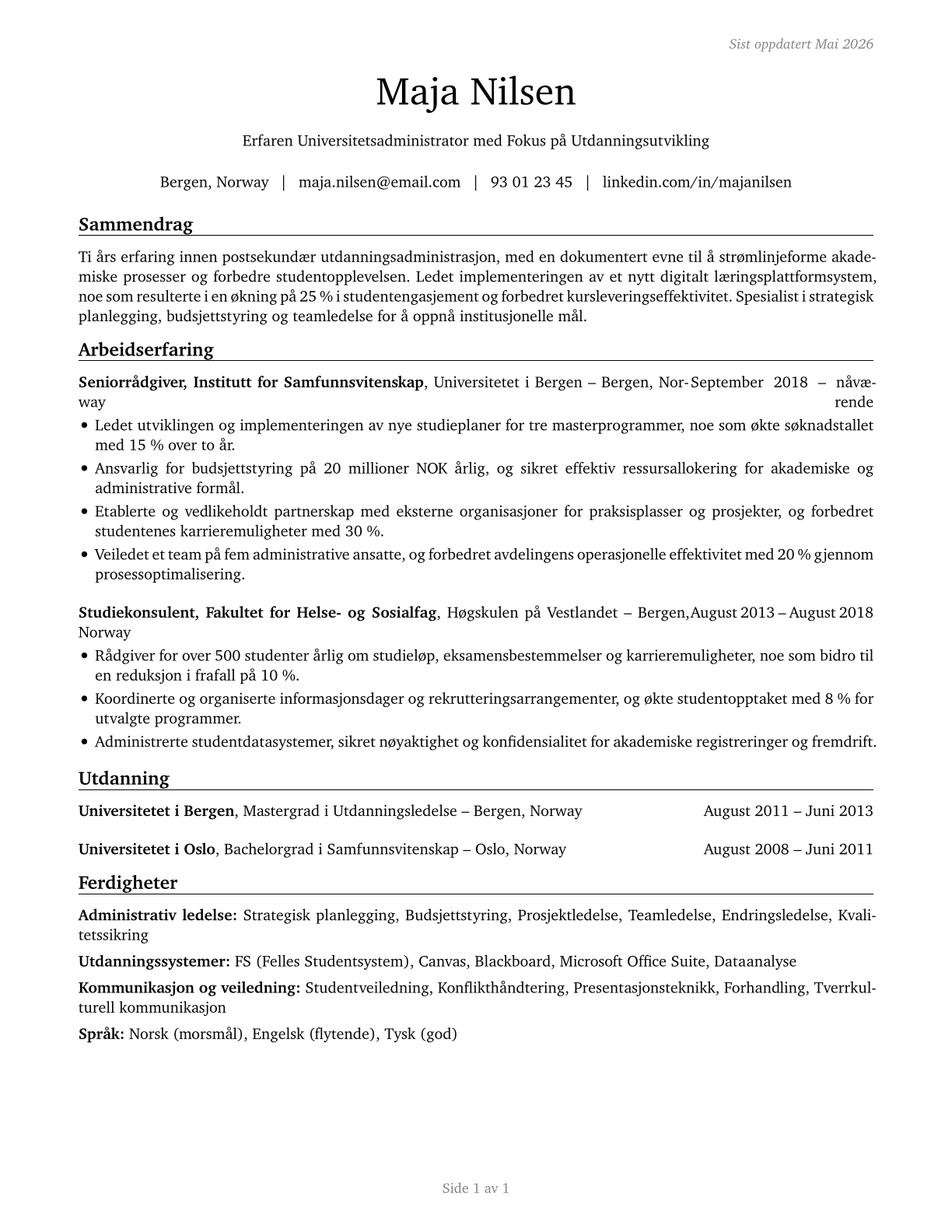 Education Administrators, Postsecondary CV in Norwegian_bokmal — page 1