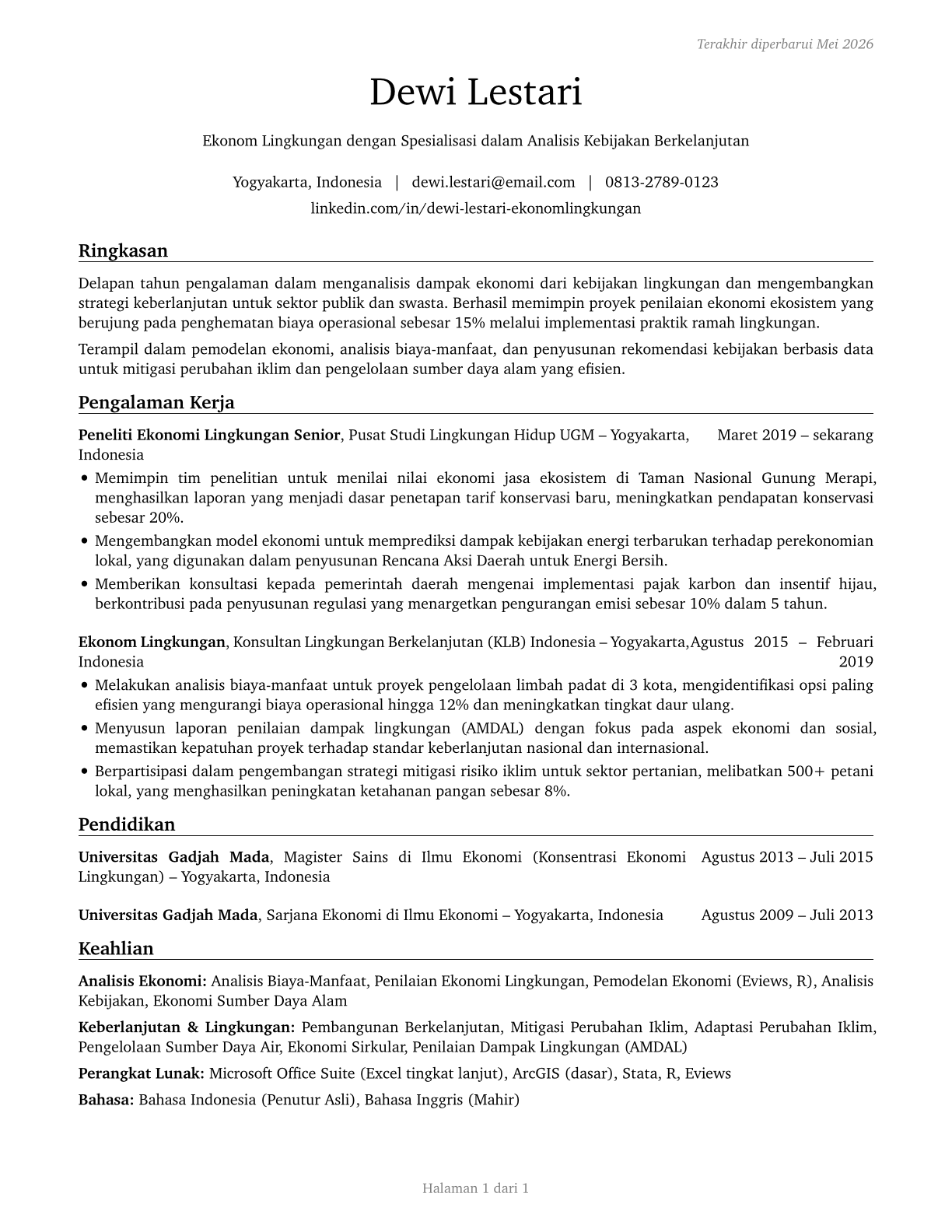 Environmental Economists CV in Indonesian — page 1