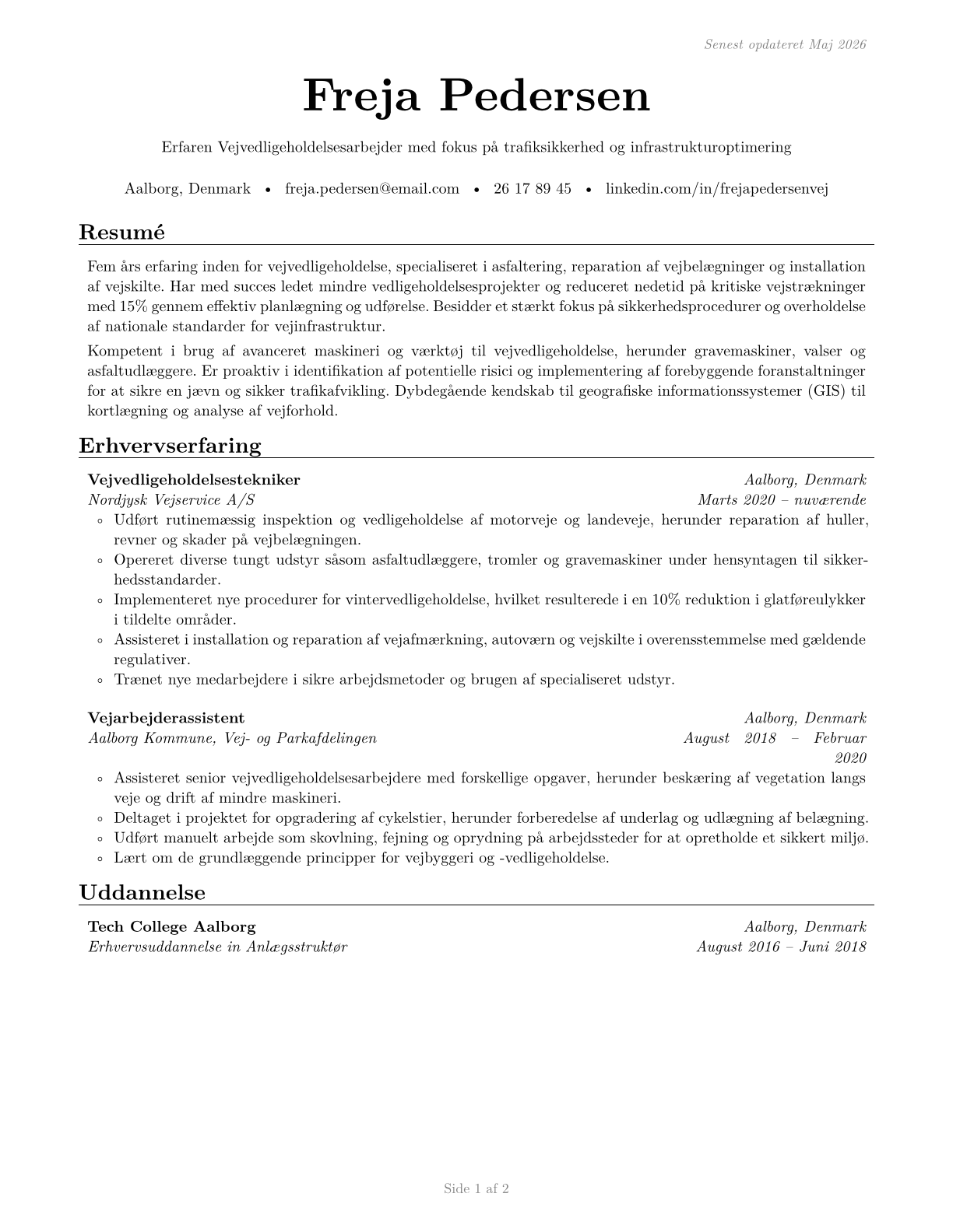 Highway Maintenance Workers CV in Danish — page 1