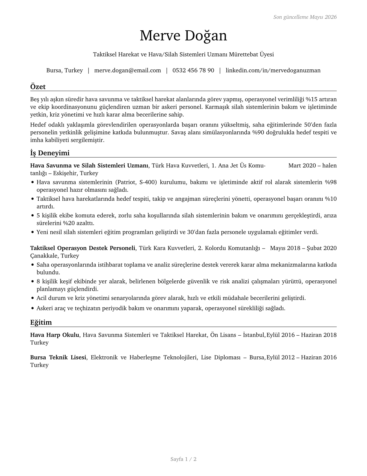 Military Enlisted Tactical Operations and Air/Weapons Specialists and Crew Members, All Other CV in Turkish — page 1