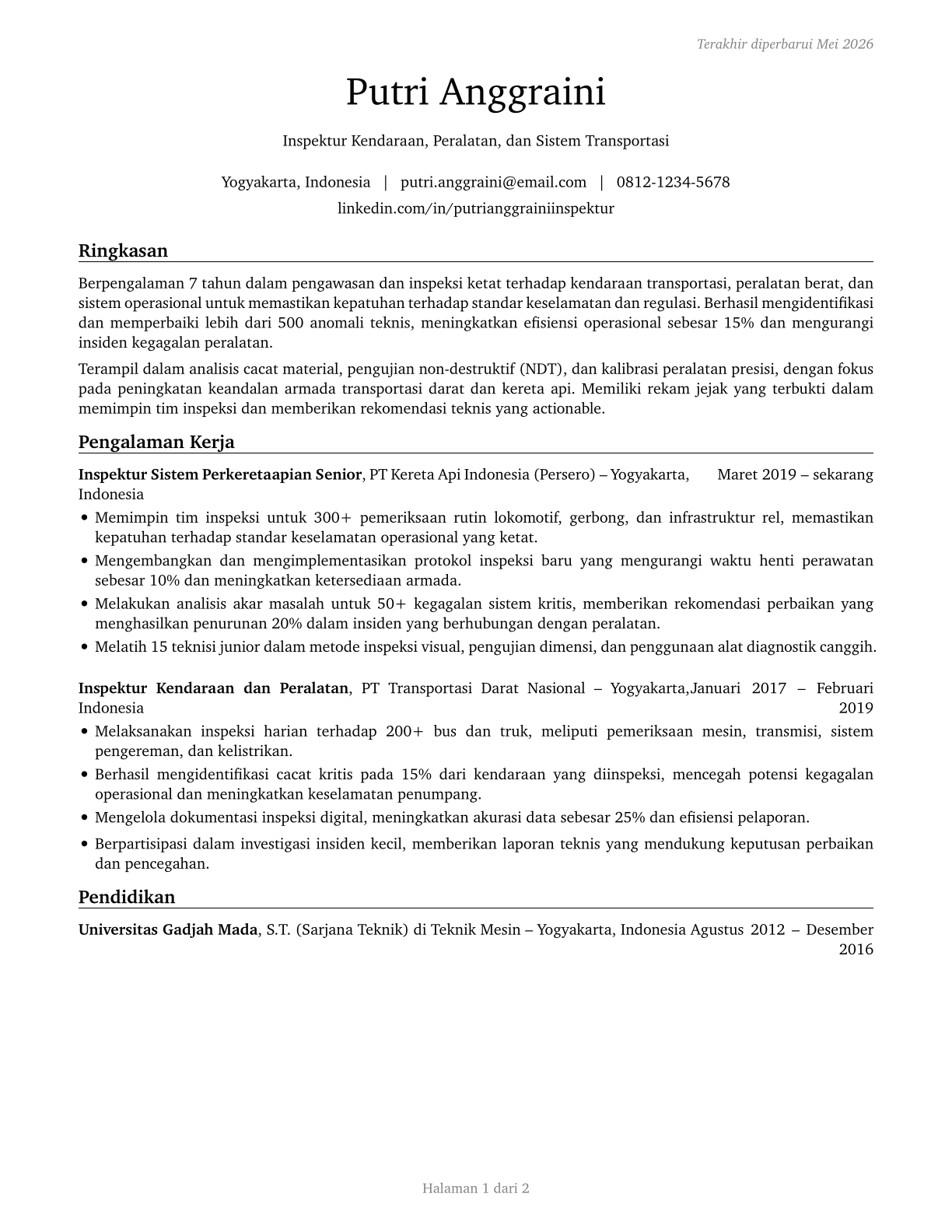 Transportation Vehicle, Equipment and Systems Inspectors, Except Aviation CV in Indonesian — page 1