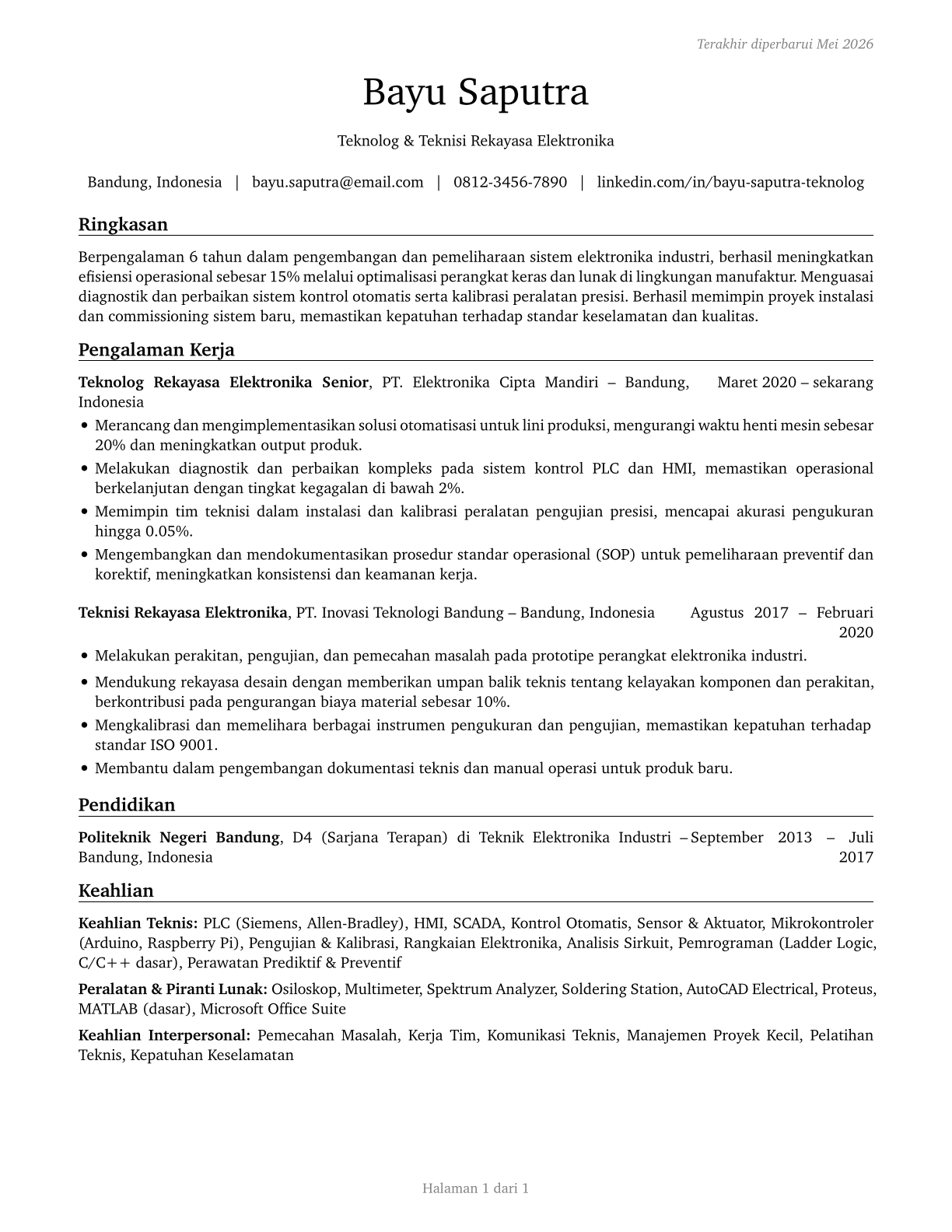 Engineering Technologists and Technicians, Except Drafters, All Other CV in Indonesian — page 1