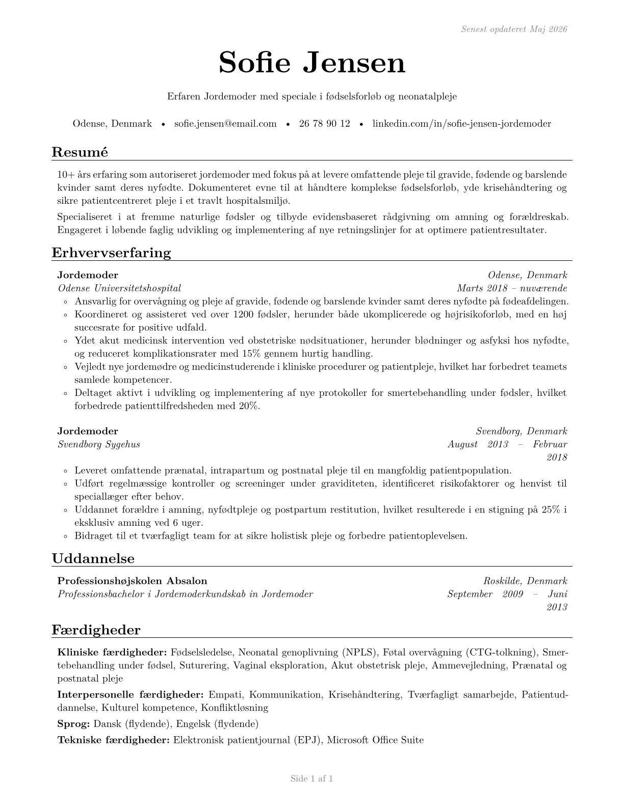 Nurse Midwives CV in Danish — page 1