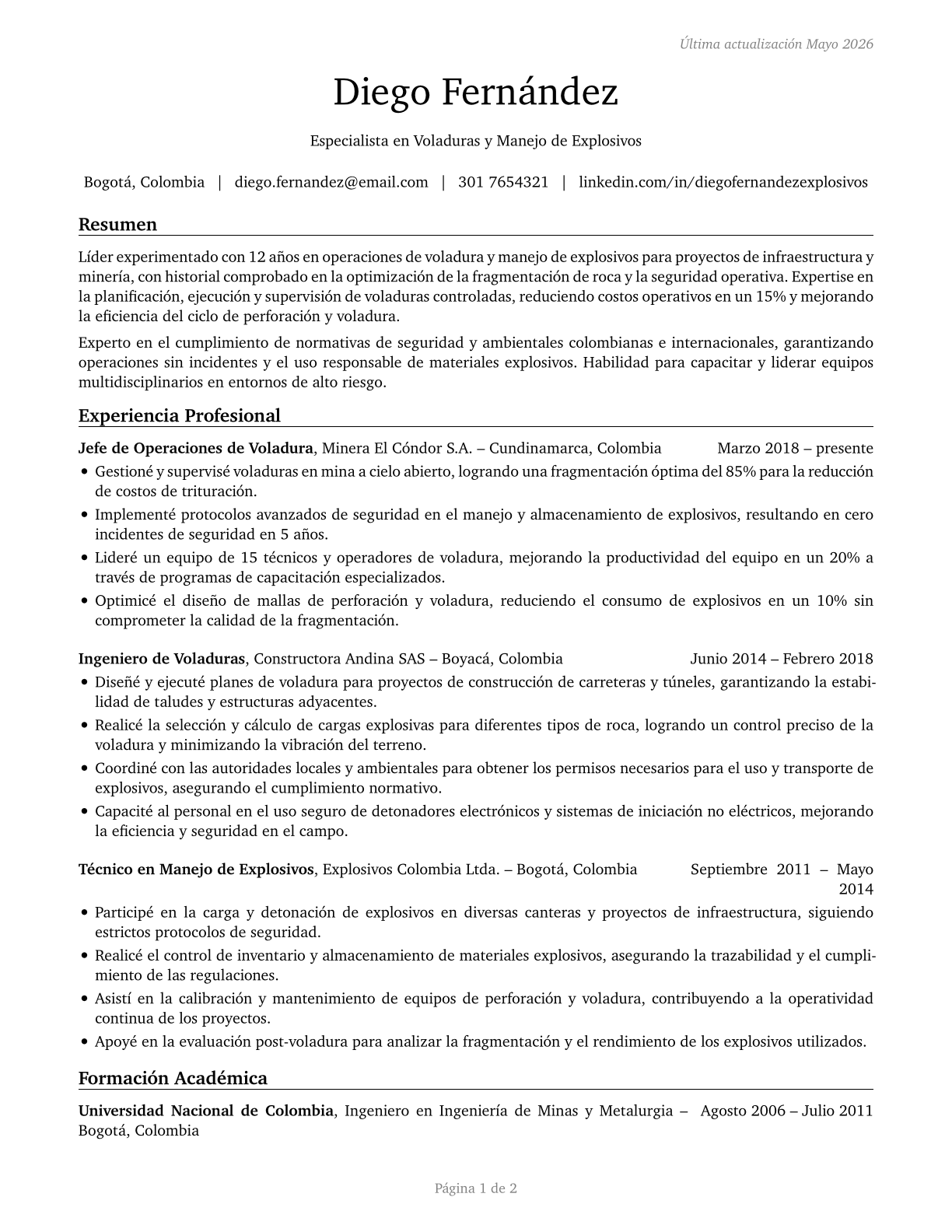 Explosives Workers, Ordnance Handling Experts, and Blasters CV in Spanish — page 1