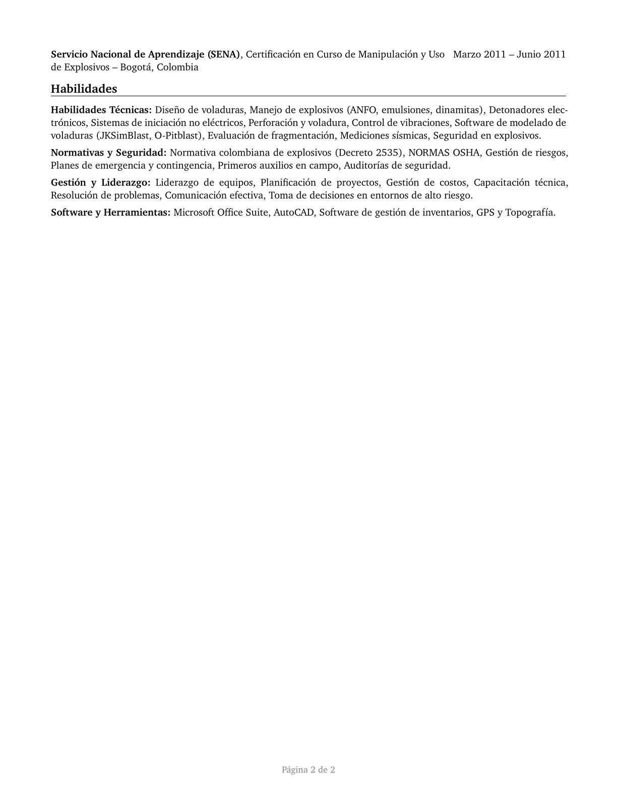 Explosives Workers, Ordnance Handling Experts, and Blasters CV in Spanish — page 2