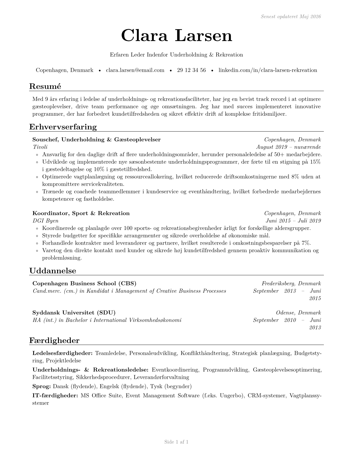 Entertainment and Recreation Managers, Except Gambling CV in Danish — page 1