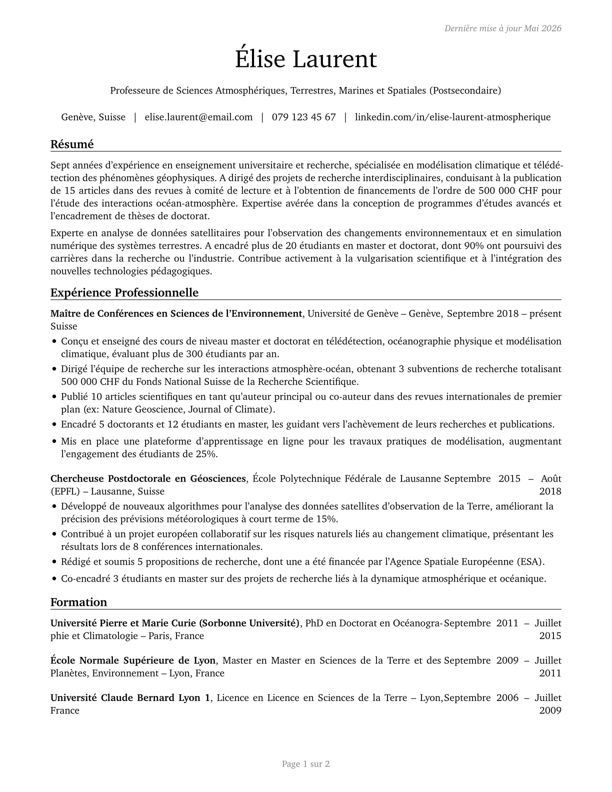 Atmospheric, Earth, Marine, and Space Sciences Teachers, Postsecondary CV in French — page 1