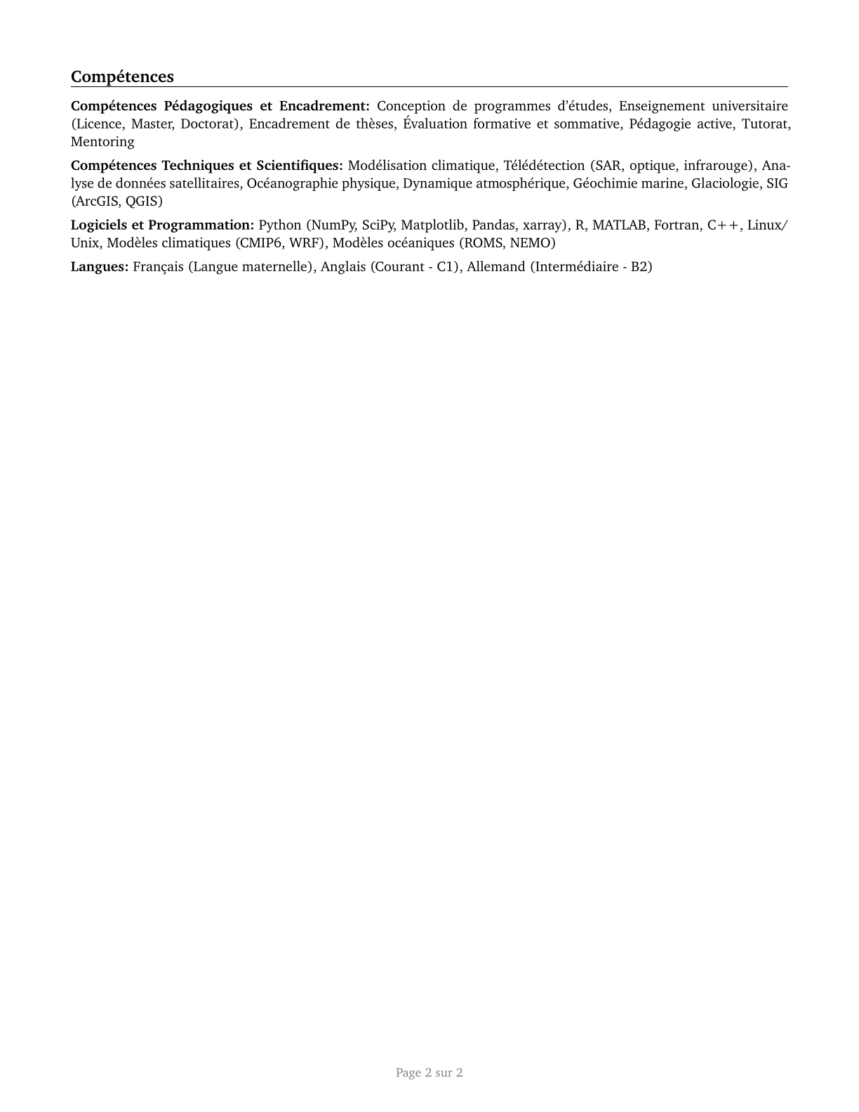 Atmospheric, Earth, Marine, and Space Sciences Teachers, Postsecondary CV in French — page 2