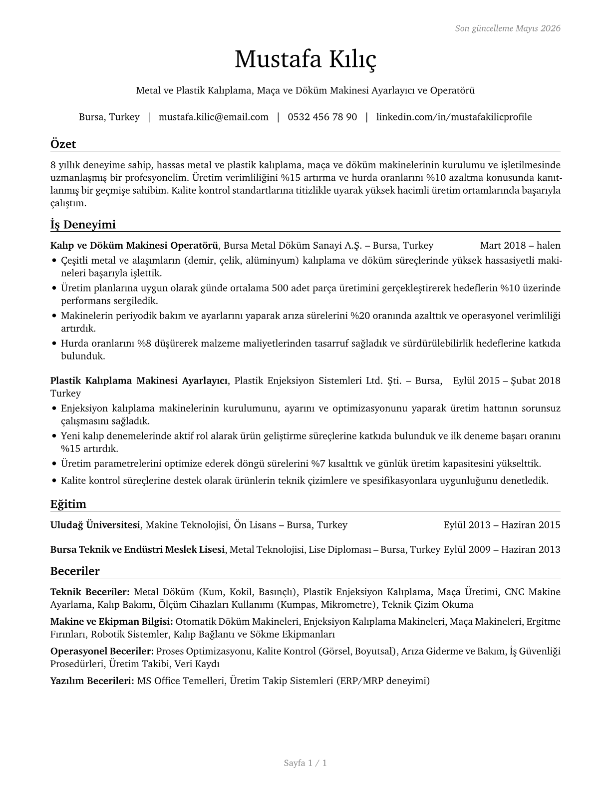 Molding, Coremaking, and Casting Machine Setters, Operators, and Tenders, Metal and Plastic CV in Turkish — page 1