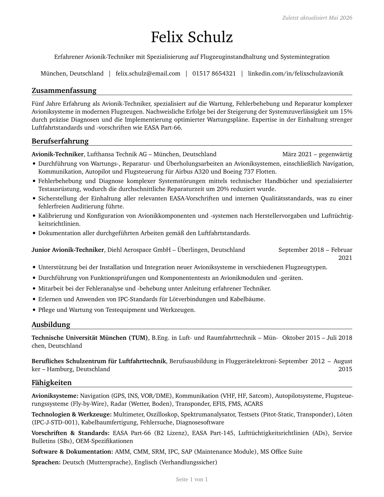 Avionics Technicians CV in German — page 1